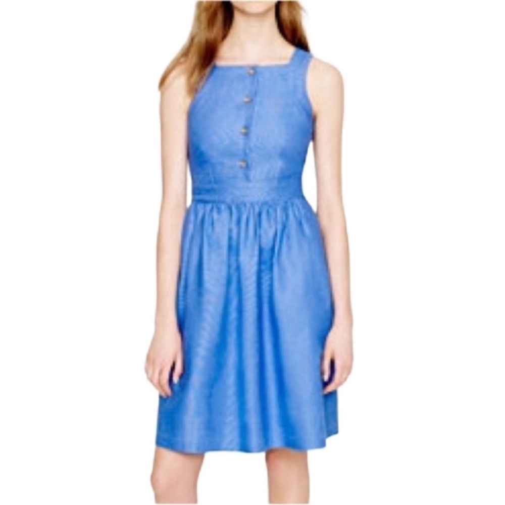J.Crew Button Front Blue Apron Dress linen blend size 0